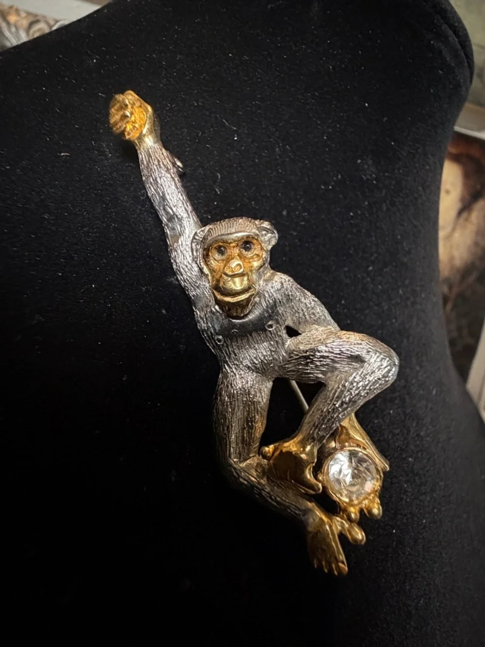 Figural Chimpanzee Brooch Vintage Monkey‎ Pin Gold Silver Tone Rhinestone
